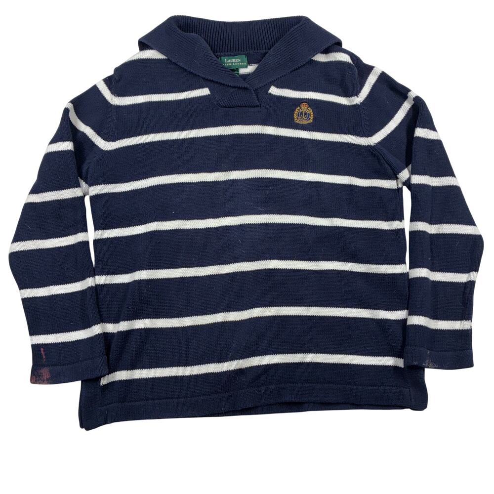 LRL Ralph Lauren Sweater Womens Medium Navy Nautical Stripe Shawl Collar Crest